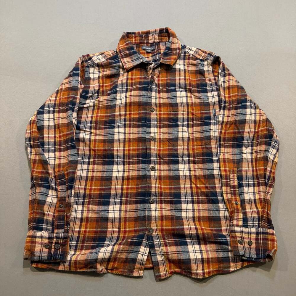 Eddie Bauer Men's Brown Orange Plaid Long Sleeve Flannel Button Up Shirt L/G